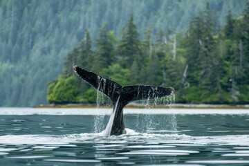 Obraz premium A humpback whale, known for its haunting songs, gracefully gliding through the water, its fluke rising and falling in a rhythmic dance