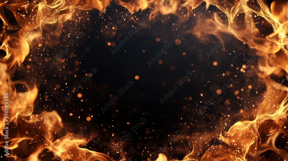 Poster fire flames frame bordering empty black background with burning particles
