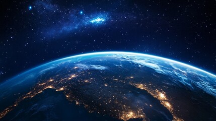 Fototapeta premium Planet earth rotating showing night city lights and milky way galaxy
