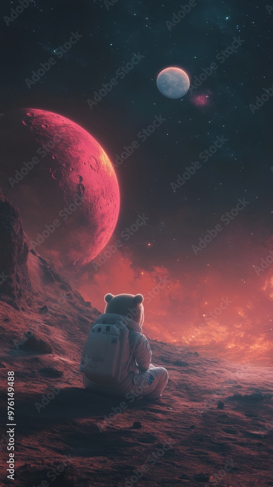 Poster astronaut contemplating red planet surface with distant moon