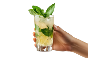 Refreshing mint cocktail served in a glass held by a hand, featuring fresh mint leaves and ice during a sunny afternoon