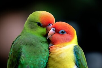 A lovebird snuggling its mate, gently nuzzling with their beaks as their vibrant feathers blend together in harmony