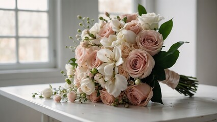 Blush and white flower bouquet with roses and orchids on a white table near a window