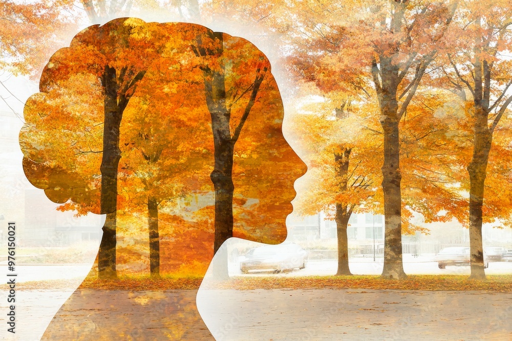 Poster silhouette of a woman with autumn trees symbolizing change creativity and the harmonious connection 