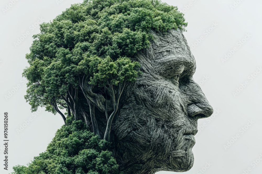 Poster portrait of an old man with tree hair symbolizing wisdom growth and the connection between intellect