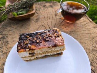 piece of delicious cake on a white plate. High quality photos