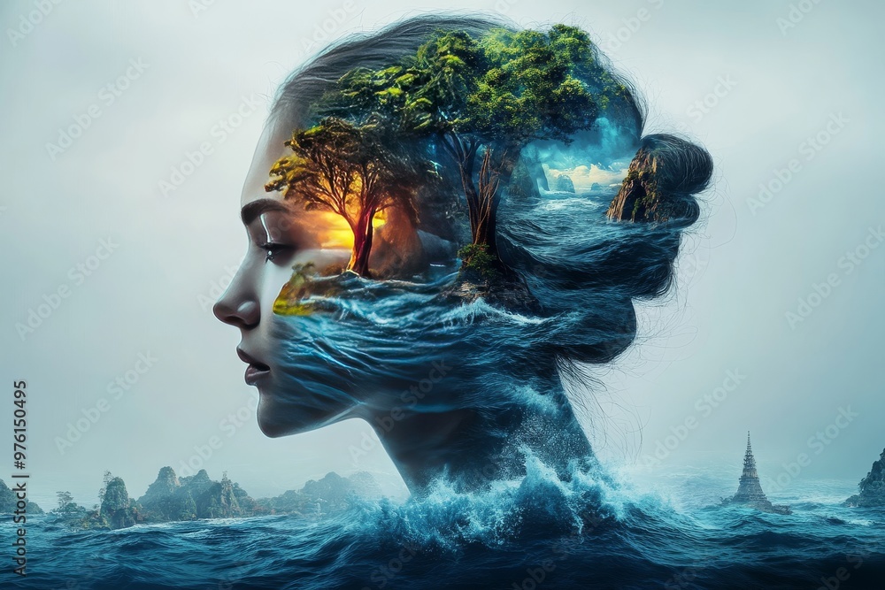 Aufkleber side profile of a woman with water and tree elements symbolizing creativity thought and the dynamic 
