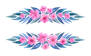 Watercolour pink flowers blue leaves illustration border. Seasonal blossom draw decor. Isolated background. Hand-painted. Botanical Floral elements. For Greeting cards, banner, invitation.