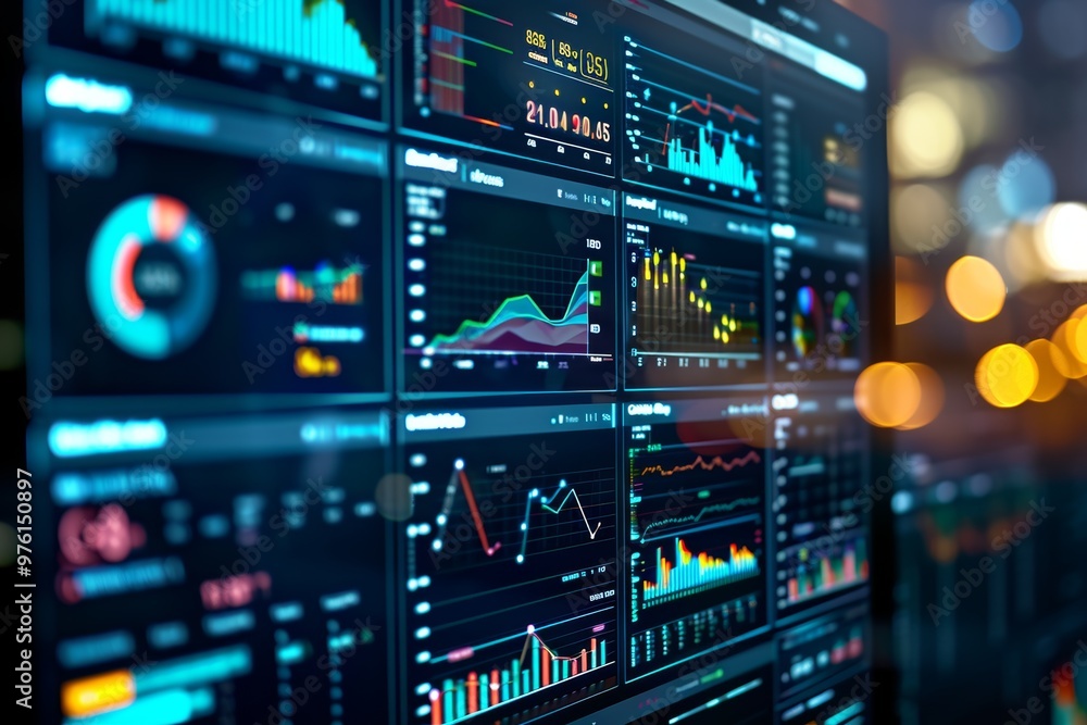 Poster a digital dashboard shows colorful graphs, charts, and metrics, analyzing data trends in a modern wo