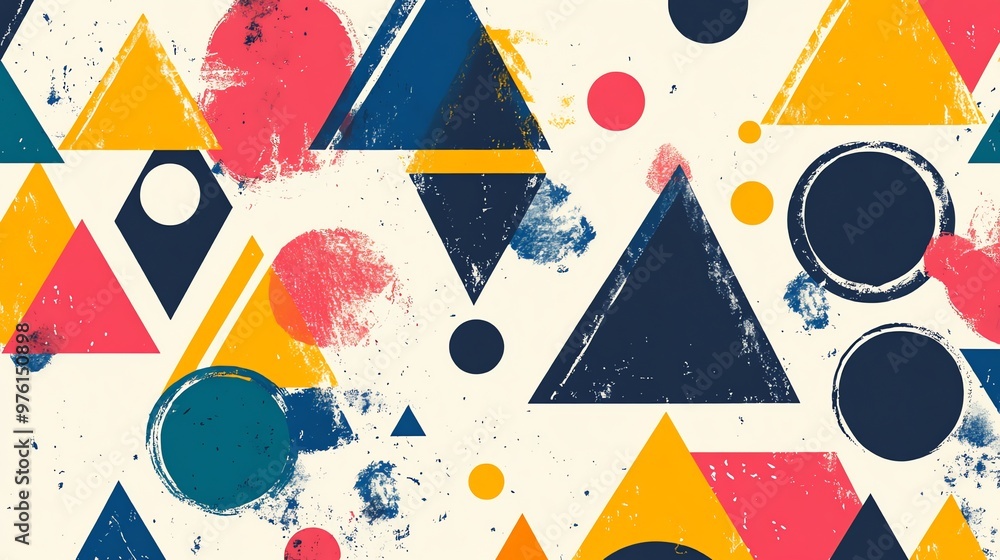 Poster a geometric pattern of overlapping triangles and circles in various colors with a distressed backgro