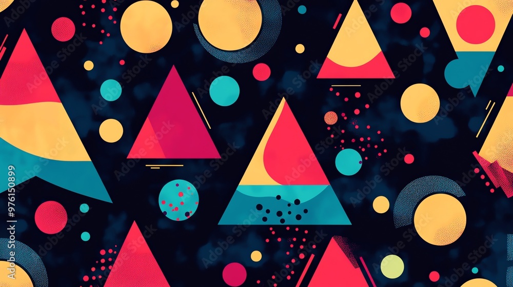 Poster abstract geometric pattern with triangles, circles, and dots on a dark background.