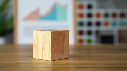 A simple wooden block sits in front of some charts. It's perfect for adding your own text or images. This could be used for a website banner, presentation, or marketing materials.