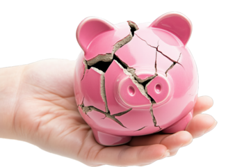 A hand holds a cracked pink piggy bank symbolizing financial struggles and savings issues during uncertain times