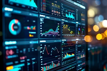 A digital dashboard shows colorful graphs, charts, and metrics, analyzing data trends in a modern workspace lit by evening ambient light