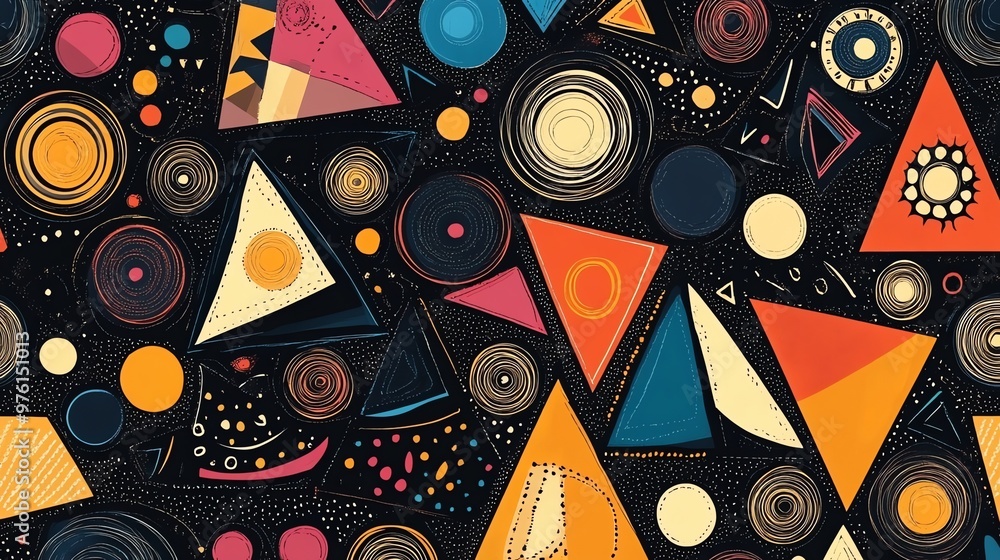 Poster abstract geometric pattern with colorful triangles, circles, and dots on a black background.