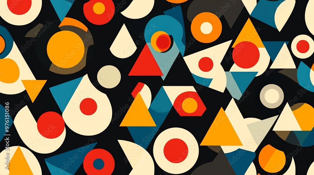 Poster a colorful abstract geometric pattern with circles, triangles, and teardrops on a black background.