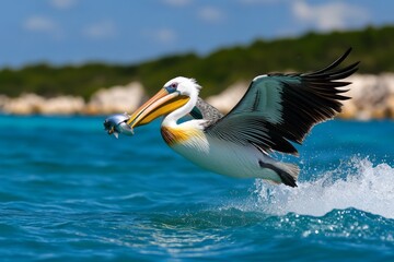 Fototapeta premium A pelican diving into the ocean, its large beak scooping up fish while its wings and feathers cut through the waves