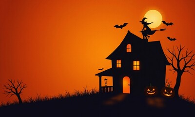 Halloween, haunted house, carved pumpkins, bats flying, witch on broomstick, orange background