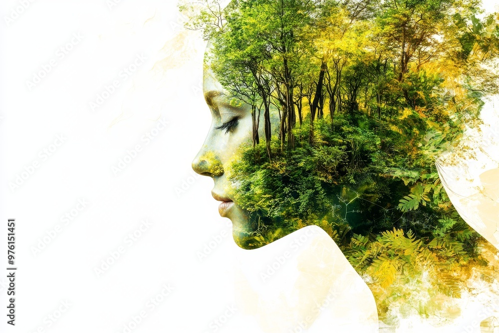Aufkleber side profile of a woman with a forest overlay symbolizing thought creativity and the connection betw