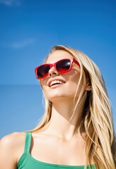 Smiling Woman in Red Sunglasses Enjoying a Sunny Day