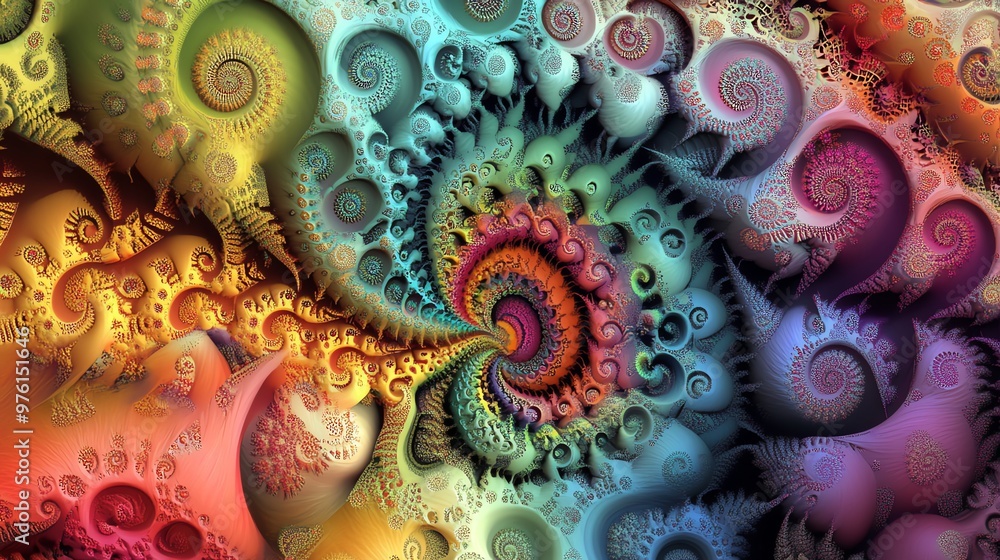 Poster Abstract colorful fractal background with intricate swirling patterns.