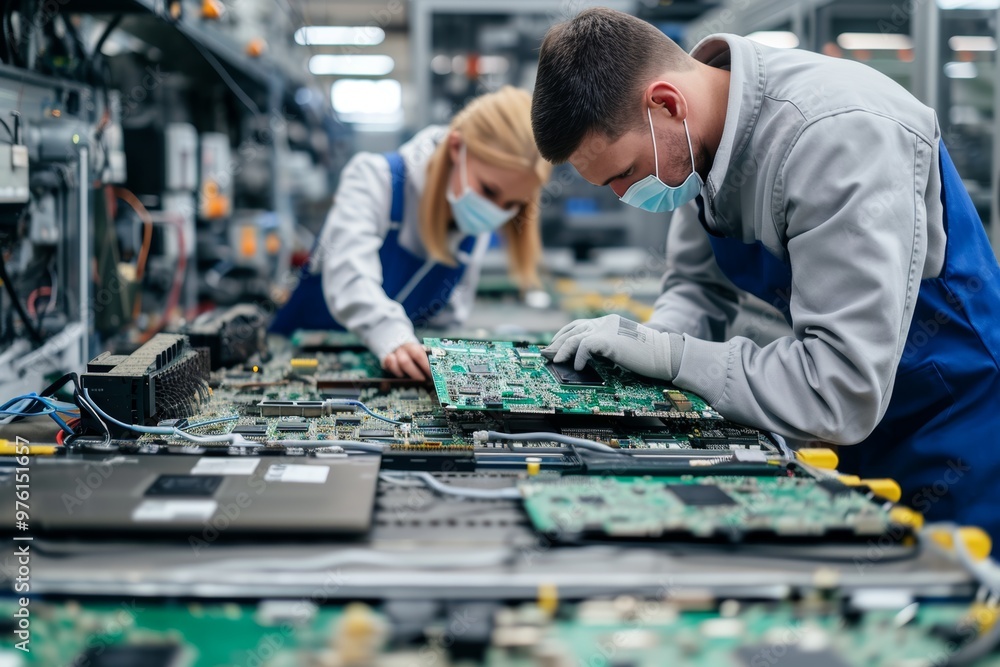 Poster two technicians are focusing on intricate circuit boards, diligently assembling components. the envi