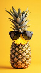 Pineapple wearing sunglasses on yellow background