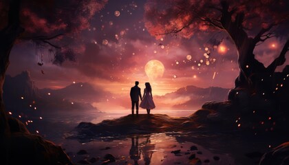 Fototapeta premium A romantic illustration of a proposal under a spectacular moonlit sky