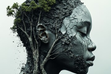 Profile of a woman with green foliage hair symbolizing creativity thought and the connection between human intellect and the natural world