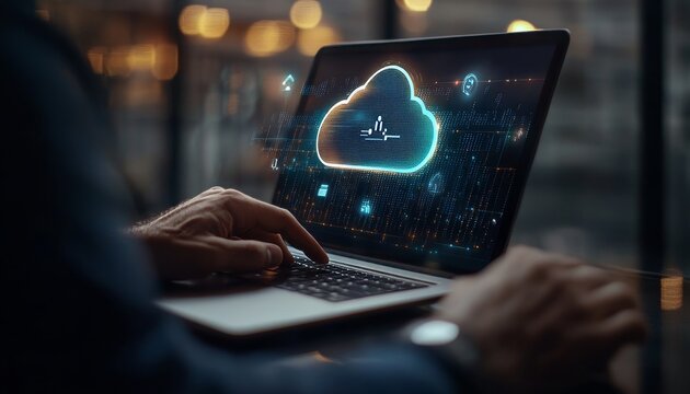 Businessman working on laptop with cloud computing icon symbolizing digital technology innovation