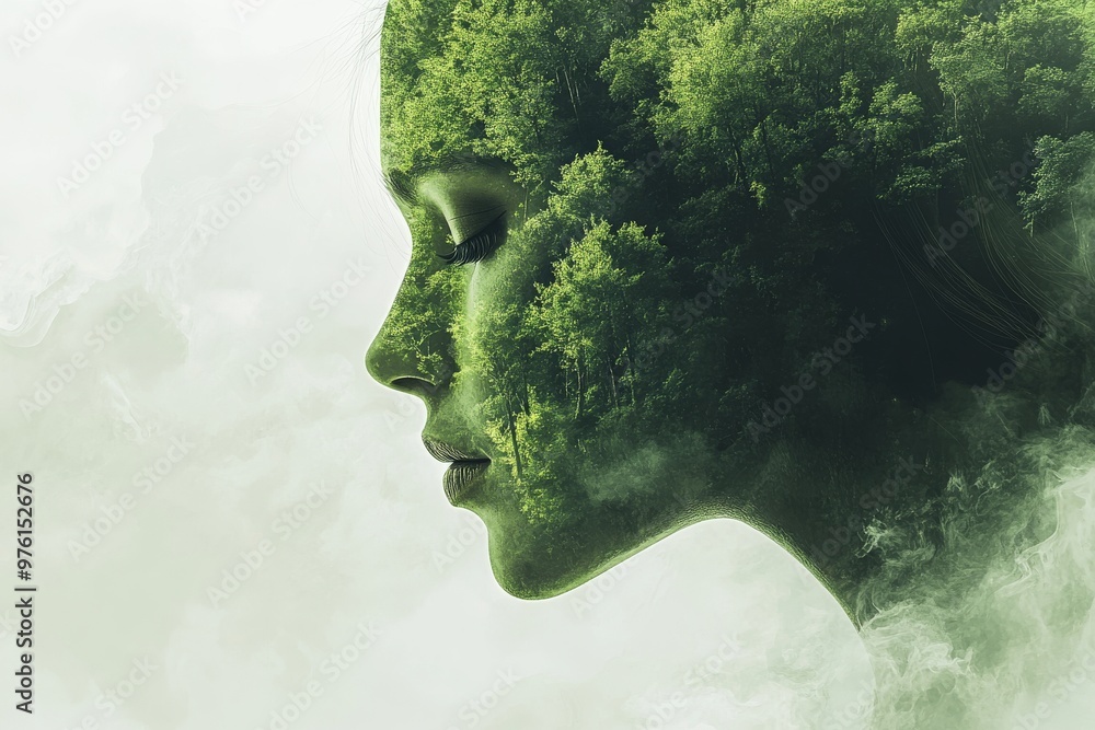 Poster side profile of a woman with fog and tree elements symbolizing creativity thought and the dynamic co