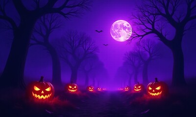 Fototapeta premium haunted forest, glowing jack-o'-lanterns, eerie purple night sky