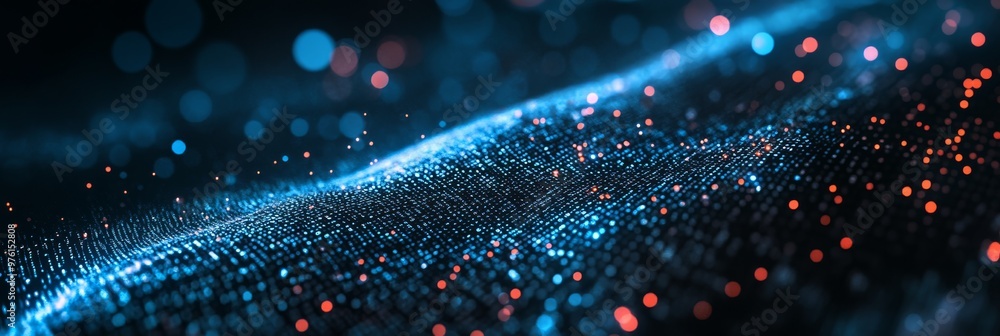 Poster a captivating digital backdrop with shimmering particles and flowing waves, ideal for tech, ai, data