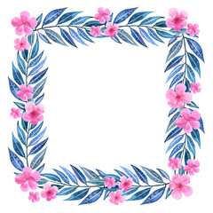 Blooming pink flowers blue leaves square frame. Watercolour flower decor hand drawn illustration. Seasonal. Painted botanical floral elements. Isolated background. Greeting cards, banner gift