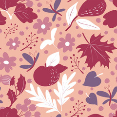 Seamless autumn pattern with fruits, berries and leaves on a Peach Fuzz background 