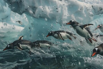 Obraz premium A group of gentoo penguins diving into the icy waters of a glacial bay, their streamlined bodies slicing through the water in search of fish