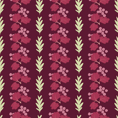Seamless pattern with abstract clusters of mountain ash and twigs on a burgundy background