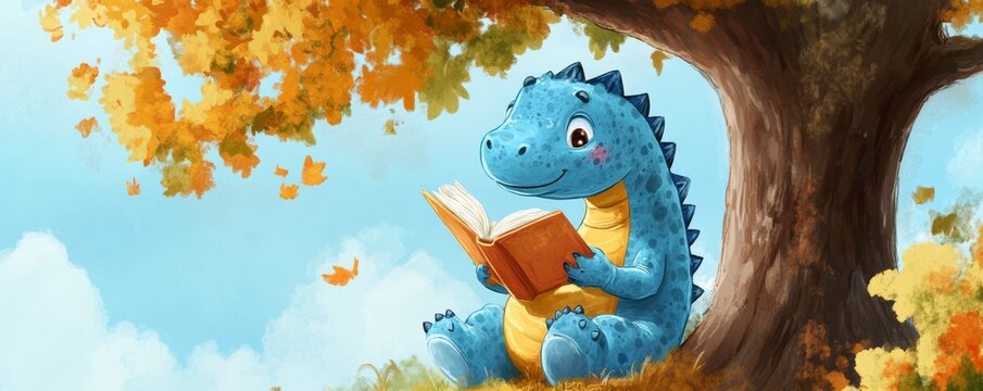 Blue dinosaur reading a book under autumn tree