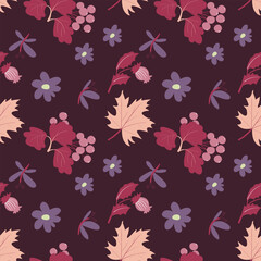 Seamless pattern with autumn leaves and berries on a dark background