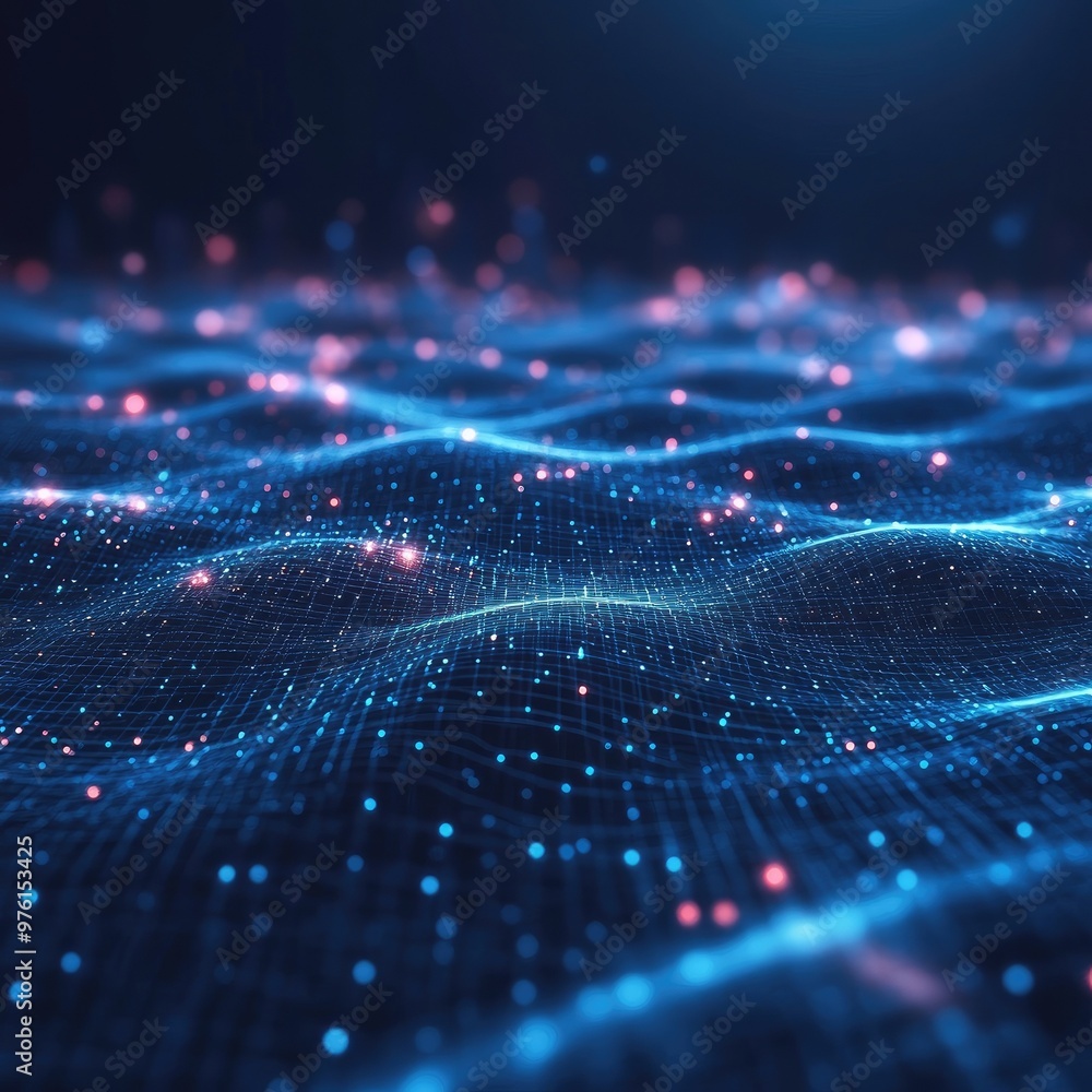 Poster a mesmerizing digital landscape with glowing particles and flowing lines, representing data waves an
