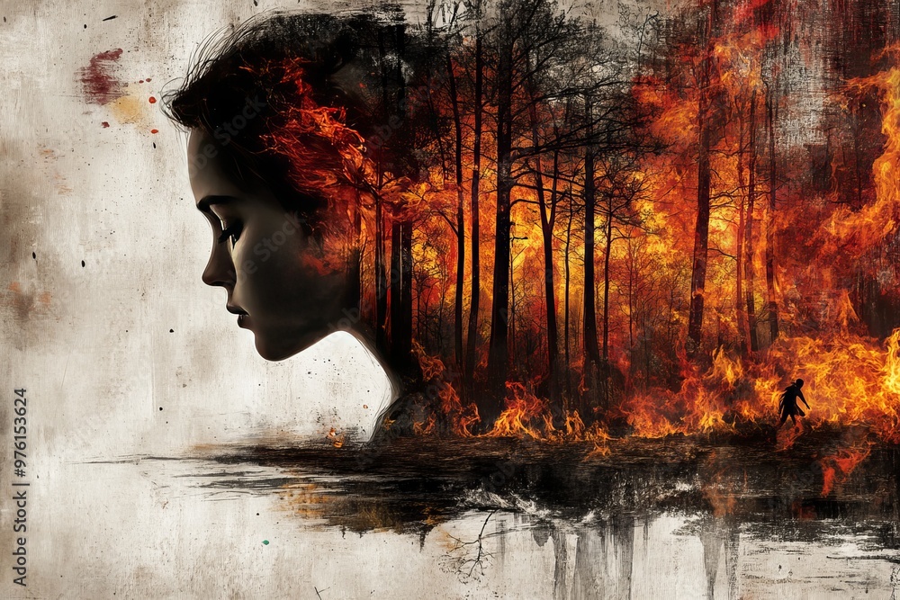 Aufkleber silhouette of a man with a burning forest background symbolizing passion thought and the fierce conn
