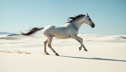 Fototapeta premium A white horse gallops across a vast, sandy desert, its black mane flowing in the wind, creating a dynamic and captivating scene