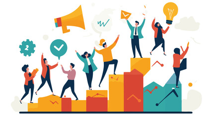 Successful leader and his team. Brainstorming. Business vector illustration.