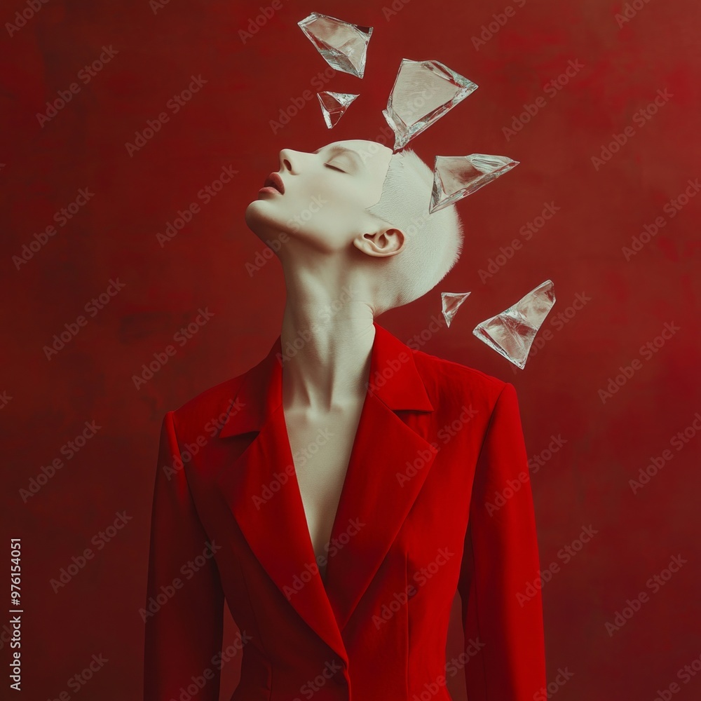 Poster a striking image of a model in a vibrant red suit with a unique artistic twist. shards of glass appe
