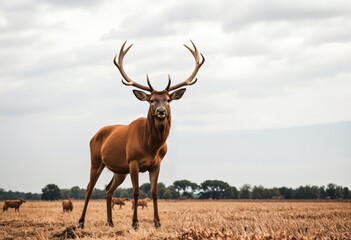 A majestic brown deer stands tall in a golden field, surrounded by other grazing animals, with a serene sky and distant trees, creating a tranquil scene of wildlife in their natural habitat