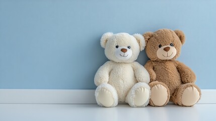 Obraz premium Two teddy bears sitting by a blue wall