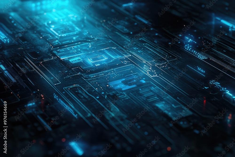 Poster futuristic circuit board with glowing blue lines and intricate patterns, symbolizing advanced techno