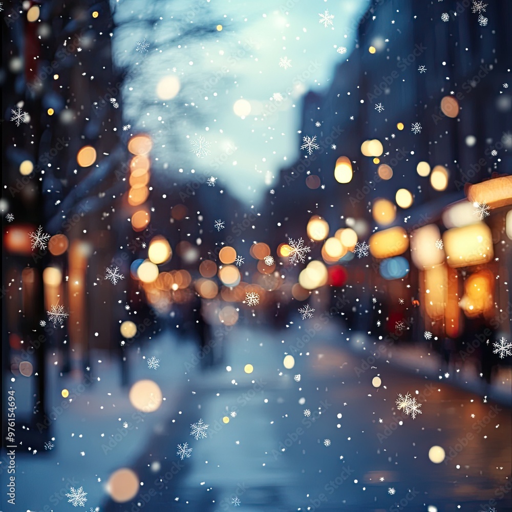 Poster enchanting winter scene with snowflakes and glowing bokeh lights, creating a magical atmosphere in a