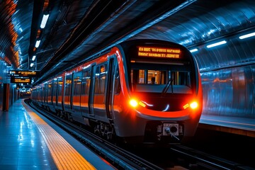 Fototapeta premium A subway train speeding through a station, with bright lights flashing as it moves