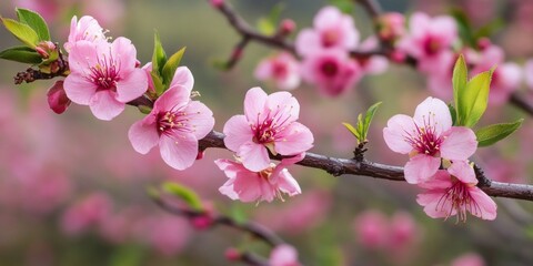Fototapeta premium Beautiful blooming pink flowers on a tree branch create a serene atmosphere. Ideal for nature and spring-themed projects. A soft and delicate style perfect for backgrounds. AI